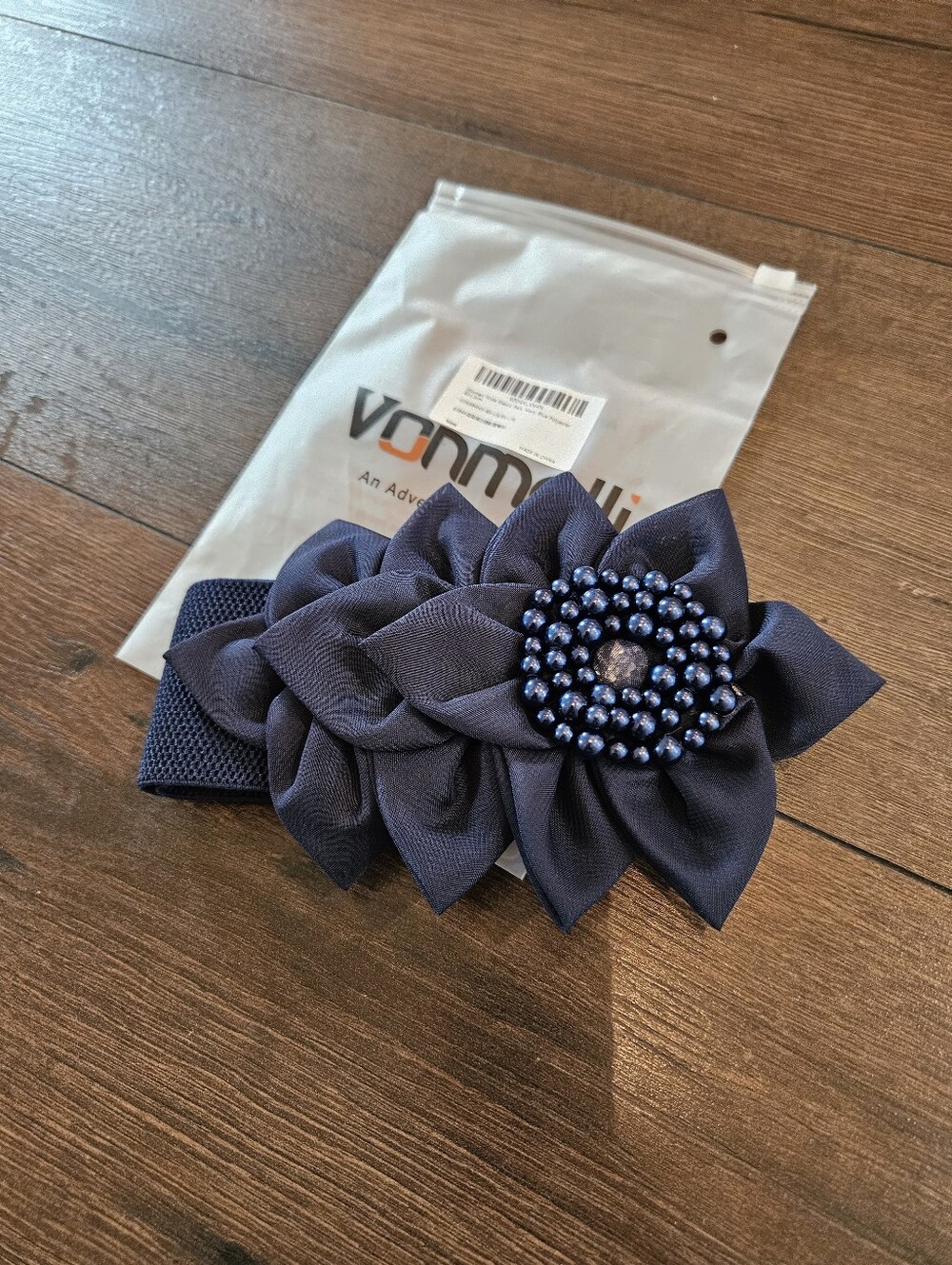 NWT Navy Blue Wide Stretch Waist Belt Oversized Floral Rosette Pearl Accent 80cm